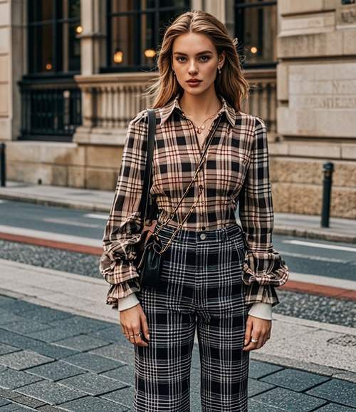 格子喇叭裤穿搭指南：三款风格轻松驾驭-美派服饰网(图2)
