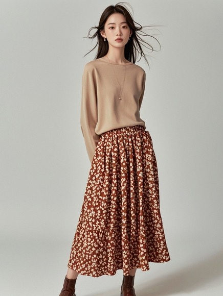 碎花半身长裙搭配技巧：打造甜美优雅的时尚造型-美派服饰网(图1)