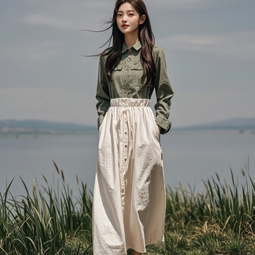 半身棉麻长裙搭配图(图2)